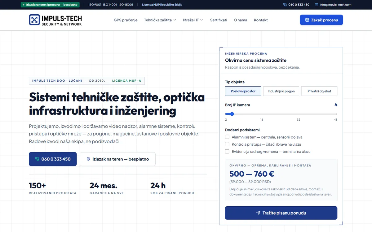 IMPULS TECH - marketinški sajt sa kalkulatorom cene i lokalnim stranama