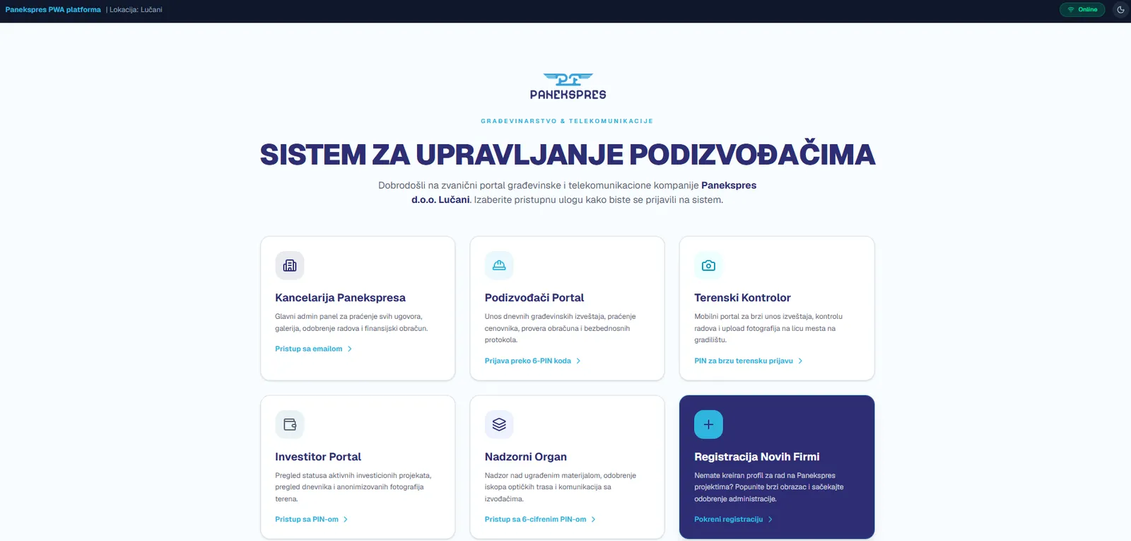 Panekspres - portal za upravljanje podizvođačima sa šest portala po ulogama